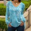 Lily | Aqua & White Floral Long-Sleeve V-Neck Tunic - Women