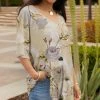 Lily | Beige & Gray Floral Half-Sleeve V-Neck Tunic - Plus
