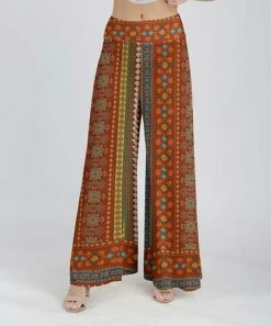 Lily | Rust & Turquoise Medallion Wide-Waistband Palazzo Pants - Plus
