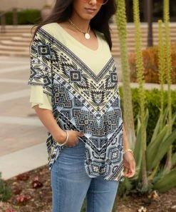 Lily | Yellow & Blue Geometric Layered-Sleeve V-Neck Tunic - Plus