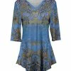 Lily | Blue & Brown Fleur-de-Lis Three-Quarter Sleeve Tunic - Plus
