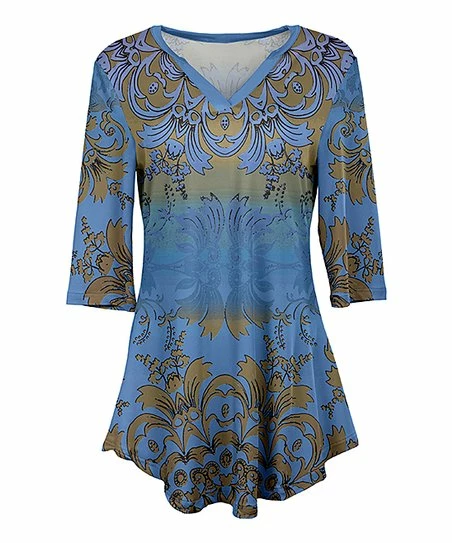Lily | Blue & Brown Fleur-de-Lis Three-Quarter Sleeve Tunic - Plus 1 Lily | Blue & Brown Fleur-de-Lis Three-Quarter Sleeve Tunic - Plus