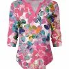Lily | Pink & White Multicolor Botanical Three-Quarter Sleeve V-Neck Top - Women