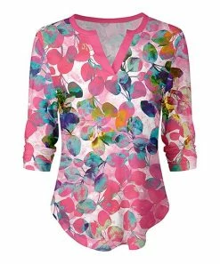 Lily | Pink & White Multicolor Botanical Three-Quarter Sleeve V-Neck Top - Women