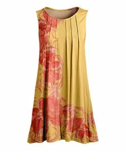 Lily | Yellow & Coral Floral Pleated Sleeveless Tunic - Women