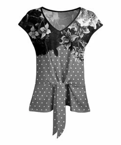 Lily | Black & Gray Dot Floral Tie-Front V-Neck Top - Plus