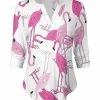 Lily | Pink & White Flamingo Notch Neck Three-Quarter Sleeve Tee - Plus