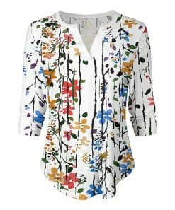 Lily | White & Red Floral Notch Neck Three-Quarter Sleeve Tee - Women