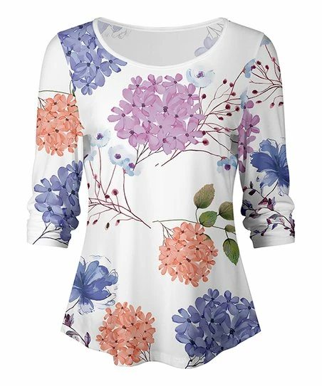 Lily | White & Peach Floral Scoop Neck Three-Quarter Sleeve Tee - Plus 1 Lily | White & Peach Floral Scoop Neck Three-Quarter Sleeve Tee - Plus