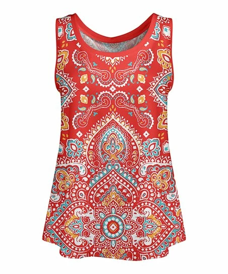 Lily | Red & Aqua Medallion Scoop Neck Tank - Plus 1 Lily | Red & Aqua Medallion Scoop Neck Tank - Plus