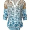 Lily | Brown & Blue Floral Paisley Notch Neck Three-Quarter Sleeve Tee - Women
