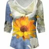 Lily | Blue & Yellow Sunflower V-Neck Three-Quarter Sleeve Tee - Women