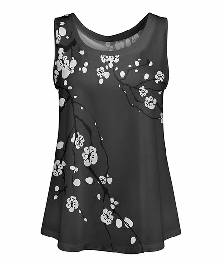 Lily | Gray & White Floral Branches Scoop Neck Tank - Women 1 Lily | Gray & White Floral Branches Scoop Neck Tank - Women