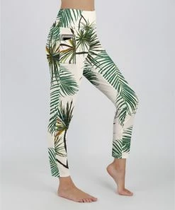 Lily | White & Green Palm Leaf Pocket Leggings - Women