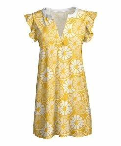 Lily | Yellow & White Lemon Slice Flutter-Sleeve Notch Neck Tunic - Women