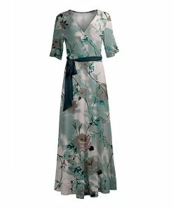 Lily | Mint & Navy Floral Belted Surplice Maxi Dress - Women