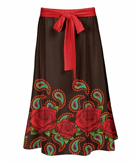 Lily | Red & Brown Rose Paisley Tie-Waist Maxi Skirt - Plus 1 Lily | Red & Brown Rose Paisley Tie-Waist Maxi Skirt - Plus