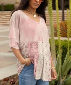 Lily | Pink & Yellow Floral Patchwork Flutter-Sleeve V-Neck Tunic - Women & Plus