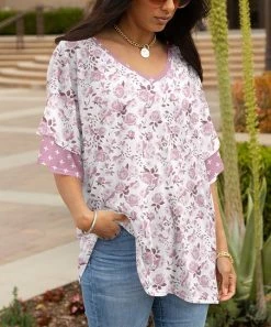 Lily | Rose & White Floral Layered-Sleeve V-Neck Tunic - Plus