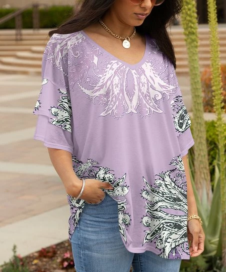Lily | Lavender & White Floral V-Neck Dolman Tunic - Plus 1 Lily | Lavender & White Floral V-Neck Dolman Tunic - Plus