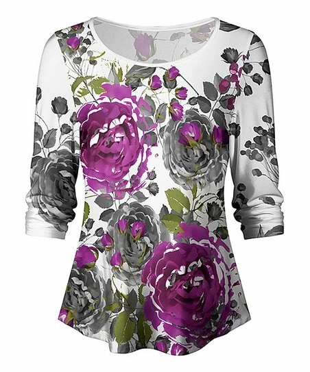 Lily | White & Gray Floral Round-Hem Long-Sleeve Top - Plus 1 Lily | White & Gray Floral Round-Hem Long-Sleeve Top - Plus