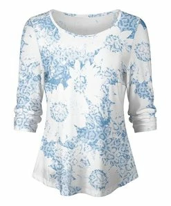 Lily | White & Blue Leopard Floral Round-Hem Long-Sleeve Top - Women