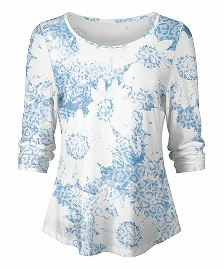 Lily | White & Blue Leopard Floral Round-Hem Long-Sleeve Top - Women 1 Lily | White & Blue Leopard Floral Round-Hem Long-Sleeve Top - Women