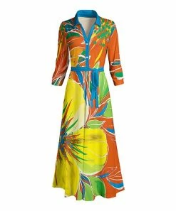 Lily | Orange & Yellow Floral Tie-Waist Shirt Dress - Women