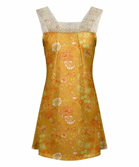 Lily | Orange & Yellow Floral Lace-Yoke Square-Neck Sleeveless Tunic - Plus 1 Lily | Orange & Yellow Floral Lace-Yoke Square-Neck Sleeveless Tunic - Plus