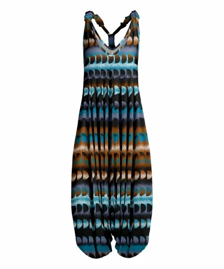 Lily | Brown & Blue Semicircle Stripe Racerback Sleeveless Harem Jumpsuit - Women 1 Lily | Brown & Blue Semicircle Stripe Racerback Sleeveless Harem Jumpsuit - Women