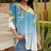 Lily | Blue & Yellow Flowers Half-Sleeve Scoop Neck Top - Women