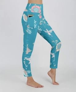 Lily | Teal & Beige Floral Birds Pocket Leggings - Women