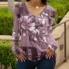 Lily | Taupe & White Floral Long-Sleeve V-Neck Tunic - Women