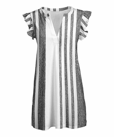 Lily | Black & White Vertical Stripe Notch-Neck Flutter Sleeve Tunic - Women 1 Lily | Black & White Vertical Stripe Notch-Neck Flutter Sleeve Tunic - Women