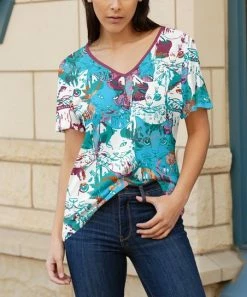 Lily | Turquoise & Purple Cat V-Neck Tunic - Women