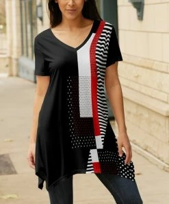 Lily | Black & Red Stripe Geometric Handkerchief Tunic - Plus