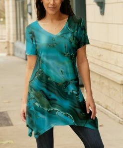 Lily | Teal & Green Marbleized Handkerchief Tunic - Plus