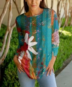 Lily | Teal & Burgundy Floral Crewneck Tunic - Women