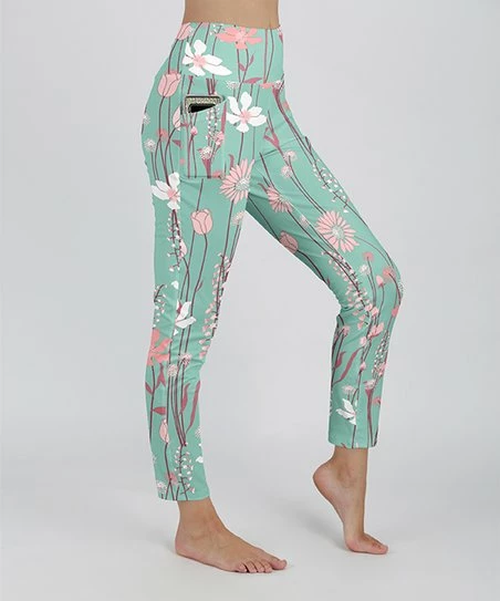 Lily | Turquoise & Pink Floral Branch Pocket Leggings - Plus 1 Lily | Turquoise & Pink Floral Branch Pocket Leggings - Plus