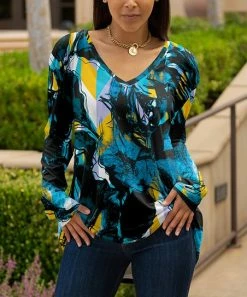 Lily | Black & Blue Abstract Long-Sleeve V-Neck Tunic - Women