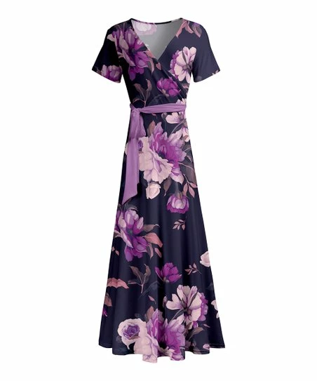 Lily | Purple & Navy Floral Wrap Tie-Waist Maxi Dress - Women 1 Lily | Purple & Navy Floral Wrap Tie-Waist Maxi Dress - Women
