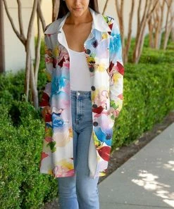 Lily | White & Blue Floral Longline Button-Up Jacket - Plus