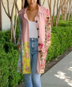 Lily | Pink & Green Floral Longline Button-Up Jacket - Plus