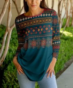 Lily | Teal & Red Mandala Three-Quarter Sleeve Tunic - Women