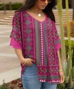 Lily | Purple Green Ruffle-Sleeve V-Neck Tunic - Women