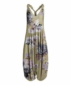 Lily | Olive & Gray Floral Sleeveless Harem Jumpsuit - Women