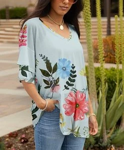Lily | Aqua & Coral Floral Layered-Sleeve V-Neck Tunic - Women