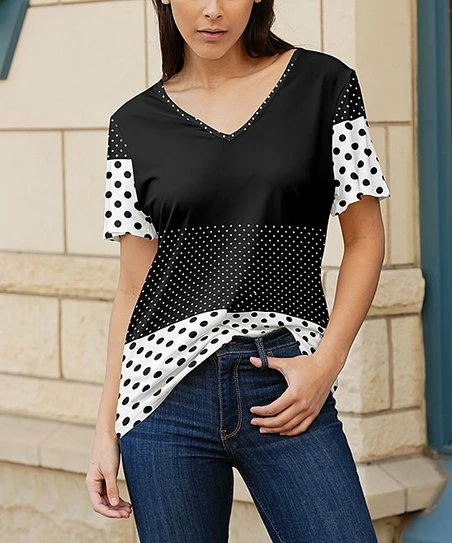 Lily | Black & White Polka Dot Short-Sleeve V-Neck Tunic - Plus 1 Lily | Black & White Polka Dot Short-Sleeve V-Neck Tunic - Plus