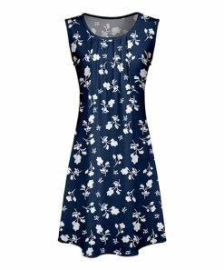 Lily | Navy & White Floral Pleated Scoop Neck Sleeveless Dress - Women