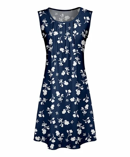 Lily | Navy & White Floral Pleated Scoop Neck Sleeveless Dress - Women 1 Lily | Navy & White Floral Pleated Scoop Neck Sleeveless Dress - Women